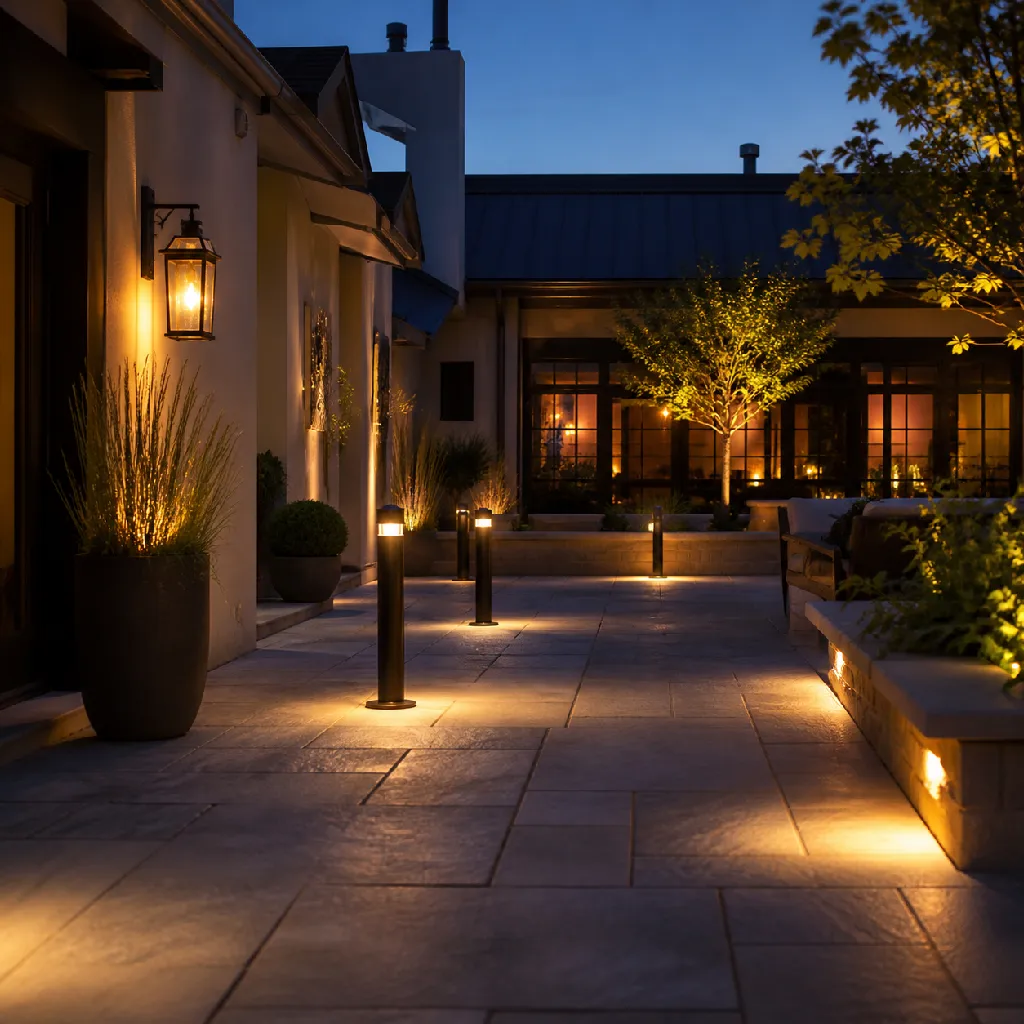 Courtyard at dusk with wall lanterns, bollards, and warm garden lighting
