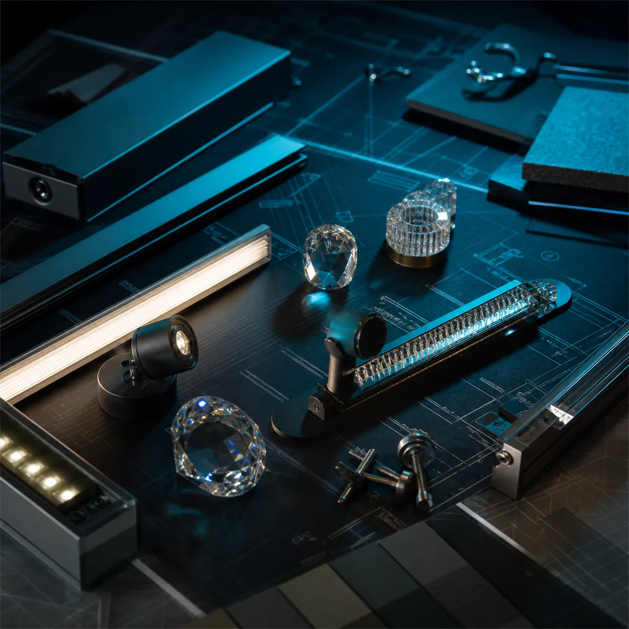 Lighting fixtures arranged on a dark architectural specification table