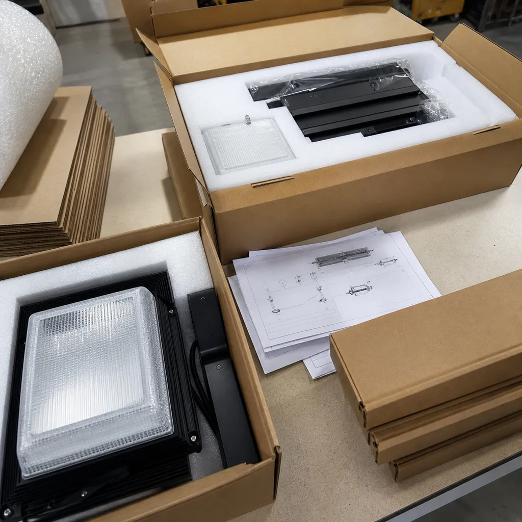 Lighting fixtures and reinforced cartons arranged on a fulfillment bench