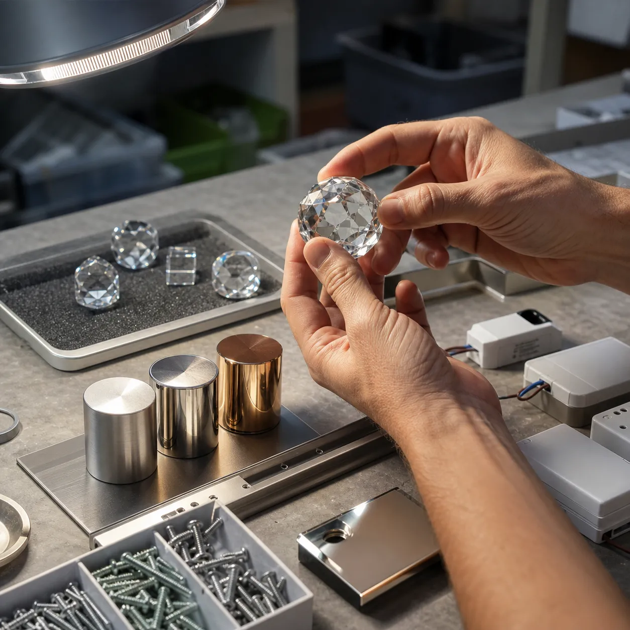 Hands inspecting crystal prisms, metal finishes, and LED drivers on a lighting workbench